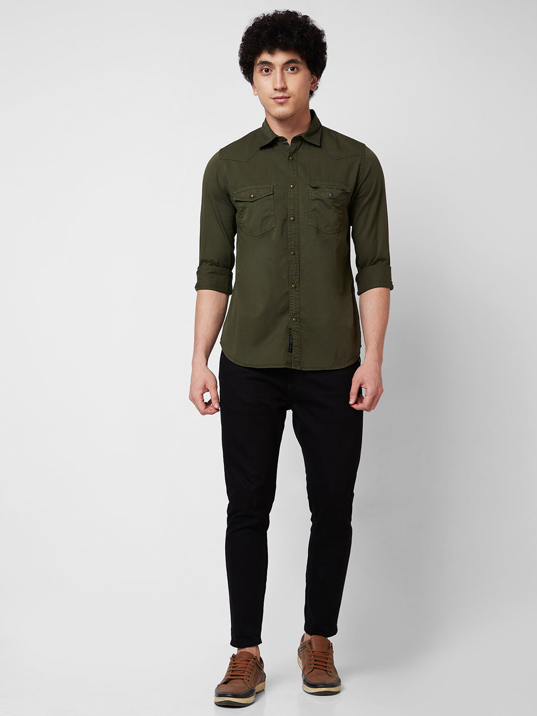 Spykar Green SOLID FULL SLEEVE Shirt For Men