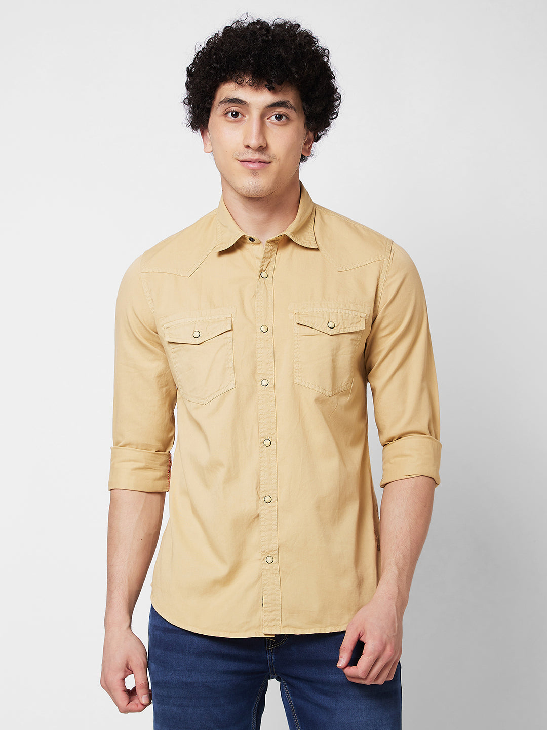 Spykar Khaki SOLID FULL SLEEVE Shirt For Men