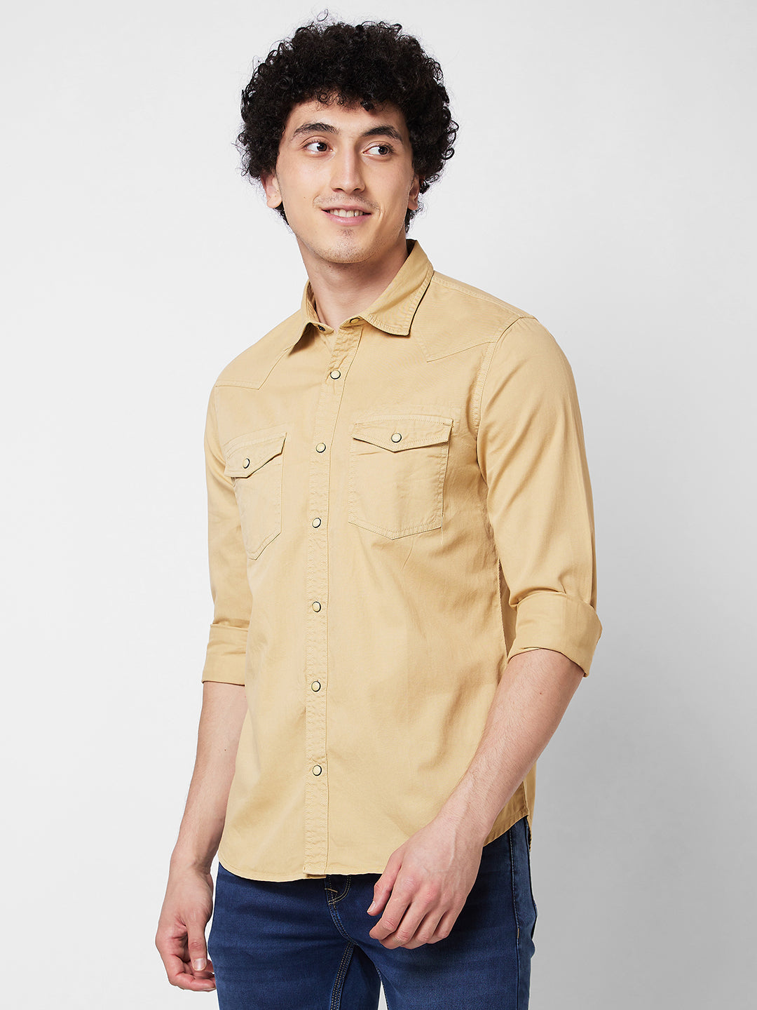 Spykar Khaki SOLID FULL SLEEVE Shirt For Men