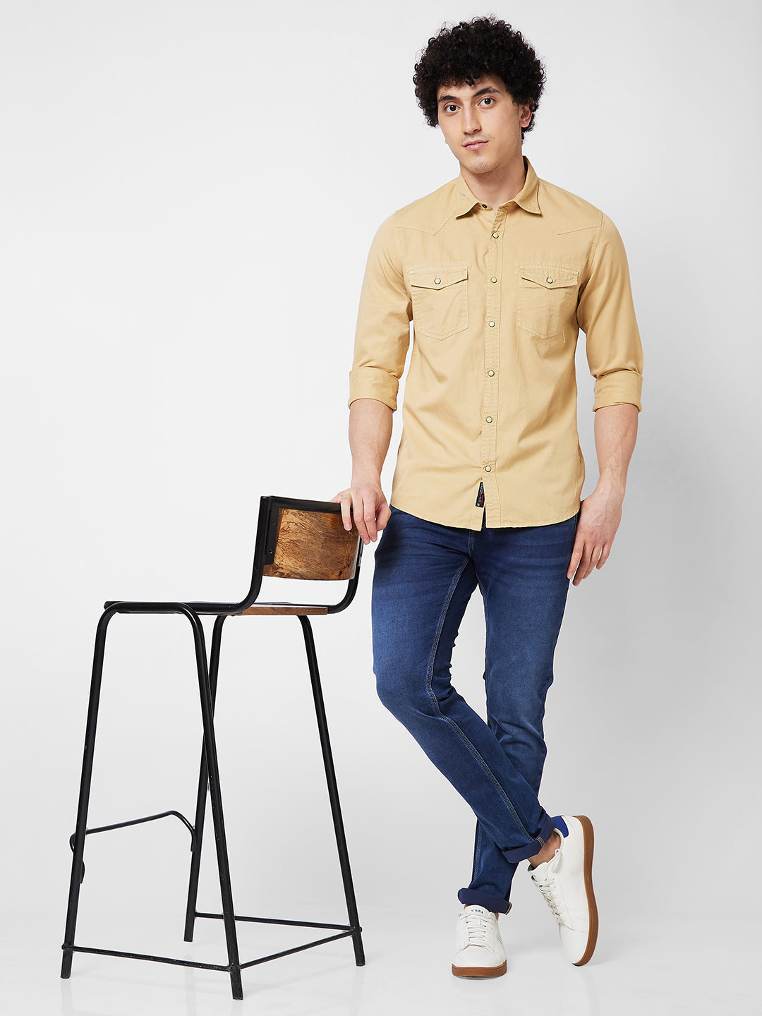 Spykar Khaki SOLID FULL SLEEVE Shirt For Men