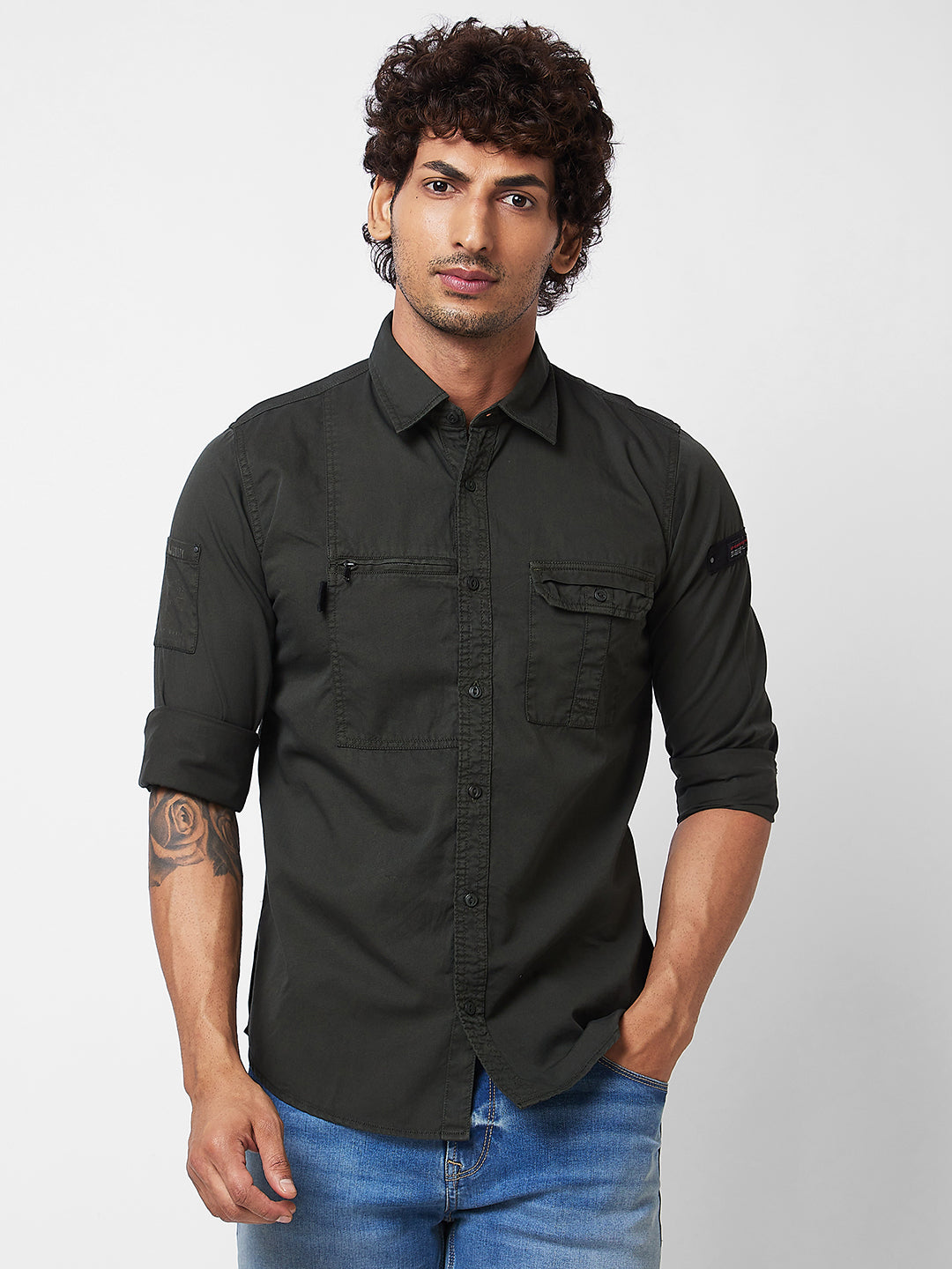 Spykar Green SOLID FULL SLEEVE Shirt For Men