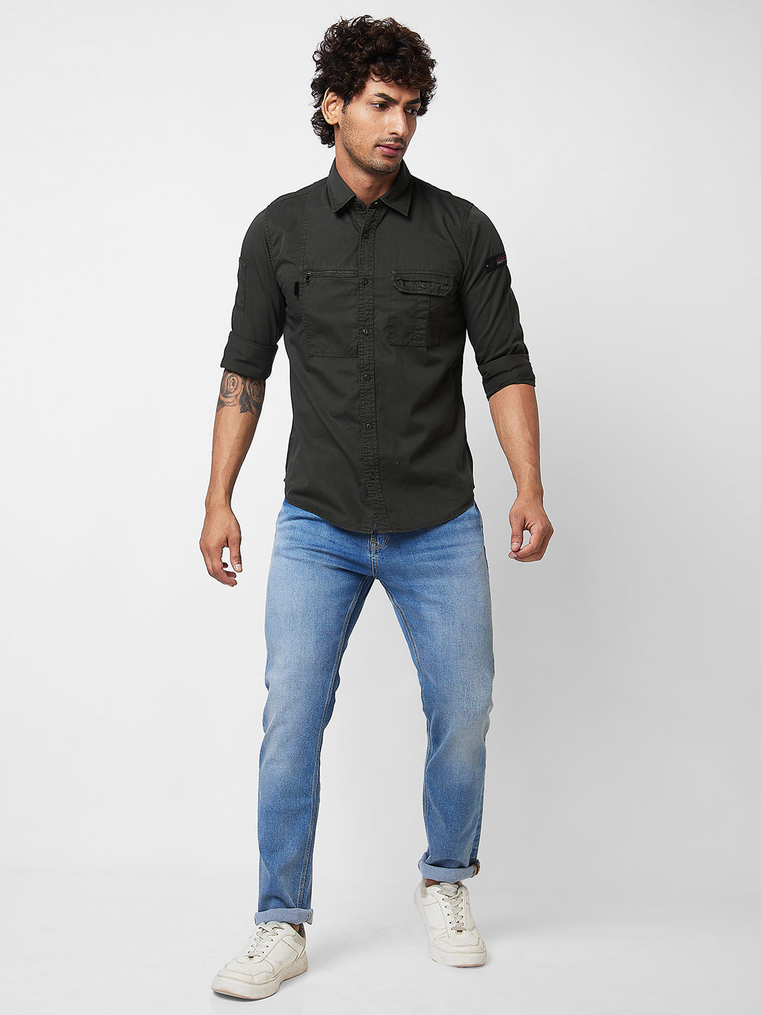 Spykar Green SOLID FULL SLEEVE Shirt For Men