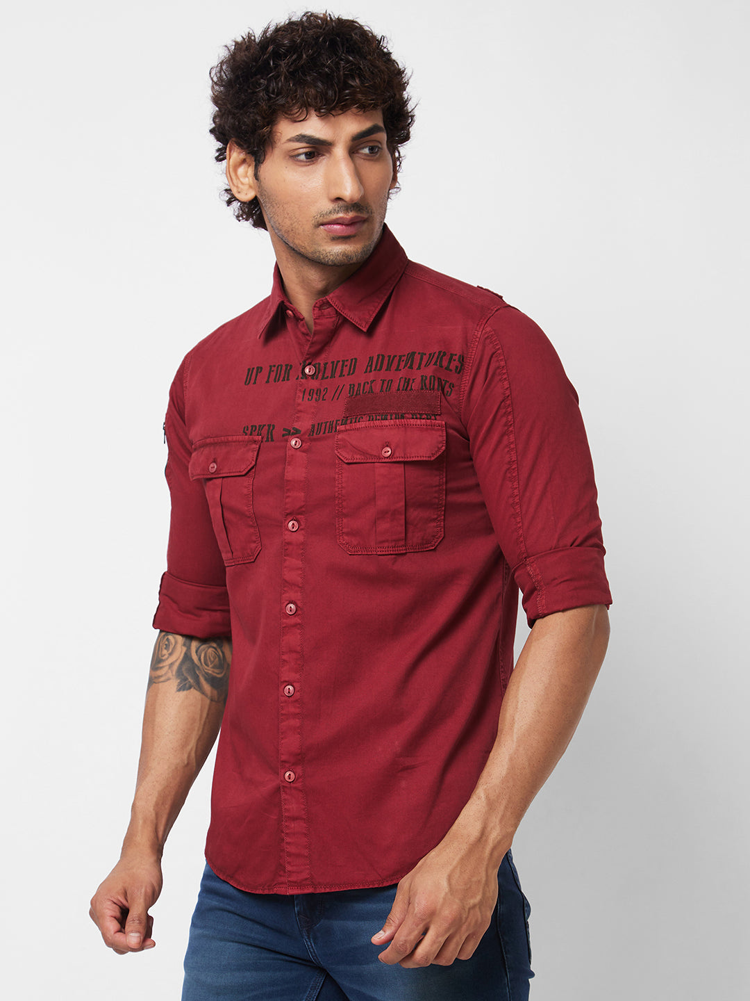 Spykar Red SOLID FULL SLEEVE Shirt For Men