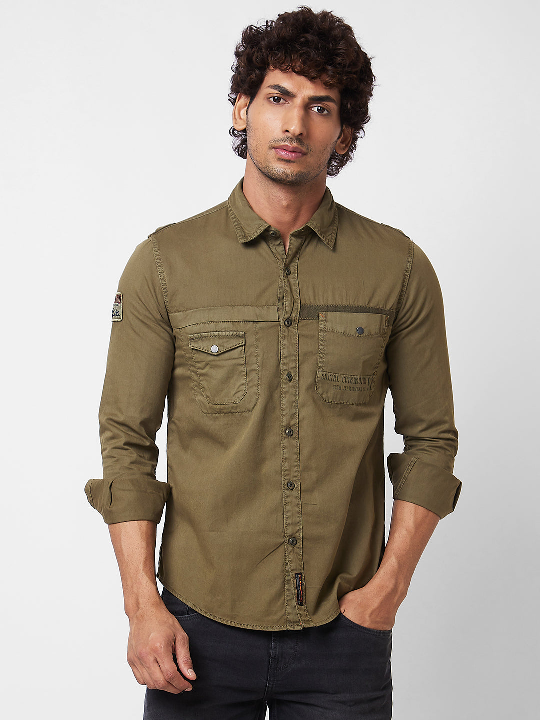 Spykar Green SOLID FULL SLEEVE Shirt For Men