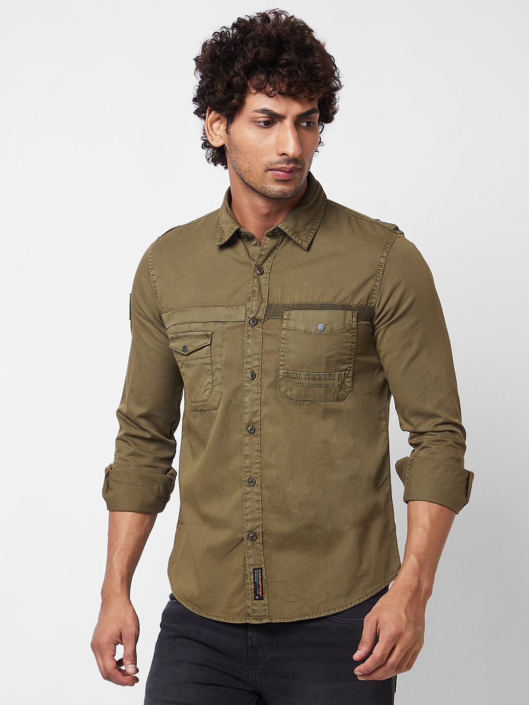 Spykar Green SOLID FULL SLEEVE Shirt For Men