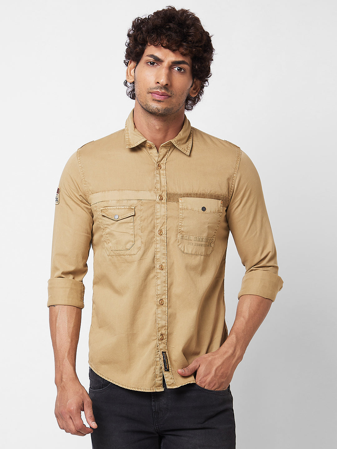 Spykar Khaki SOLID FULL SLEEVE Shirt For Men