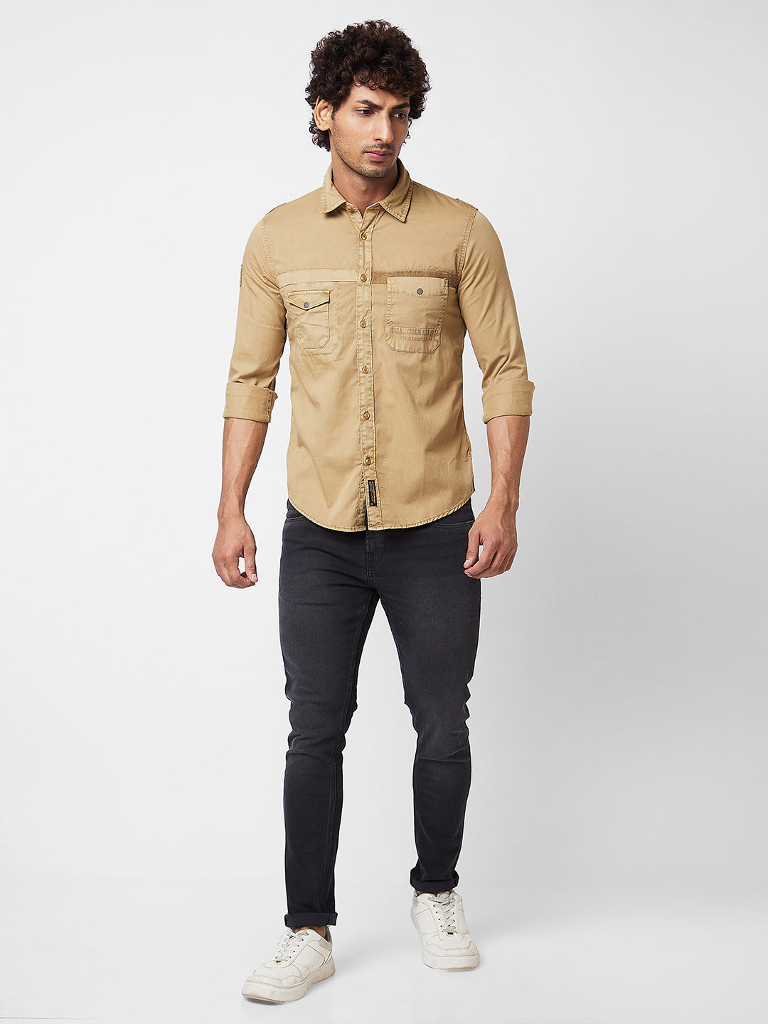 Spykar Khaki SOLID FULL SLEEVE Shirt For Men