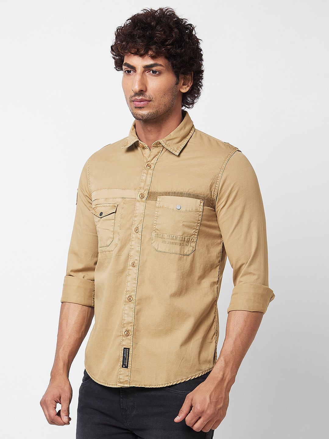 Spykar Khaki SOLID FULL SLEEVE Shirt For Men