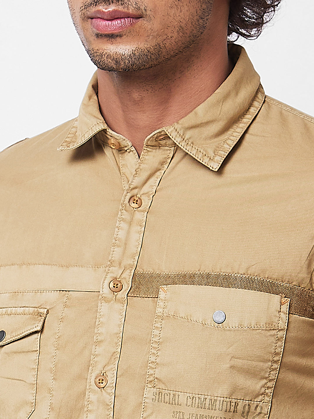 Spykar Khaki SOLID FULL SLEEVE Shirt For Men