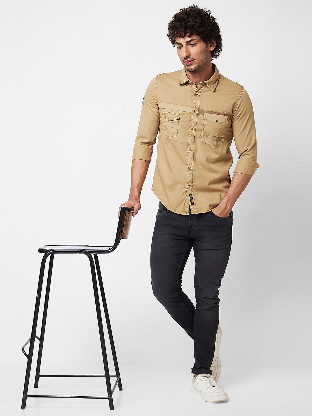 Spykar Khaki SOLID FULL SLEEVE Shirt For Men