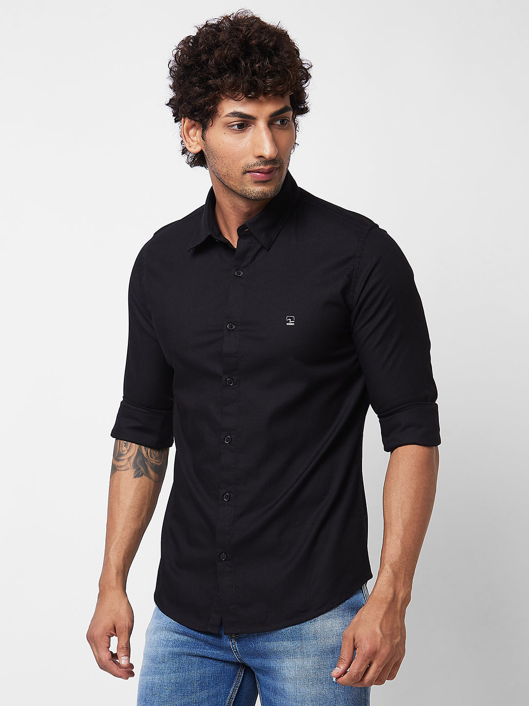 Spykar Black SOLID FULL SLEEVE Shirt For Men