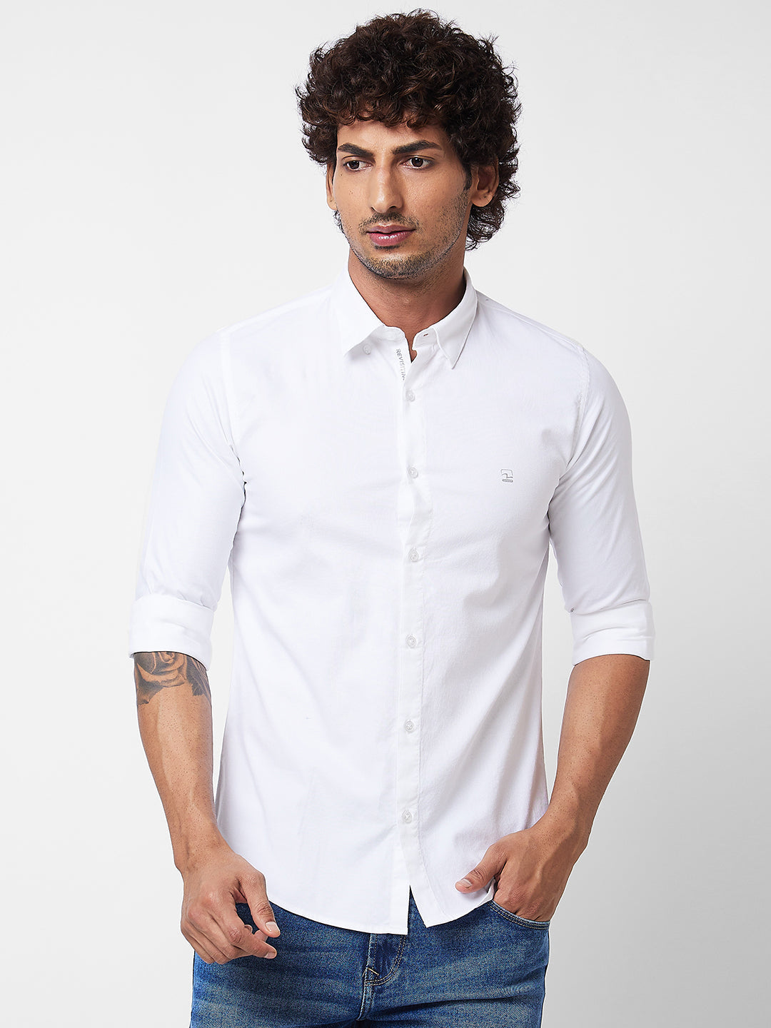 Spykar White SOLID FULL SLEEVE Shirt For Men