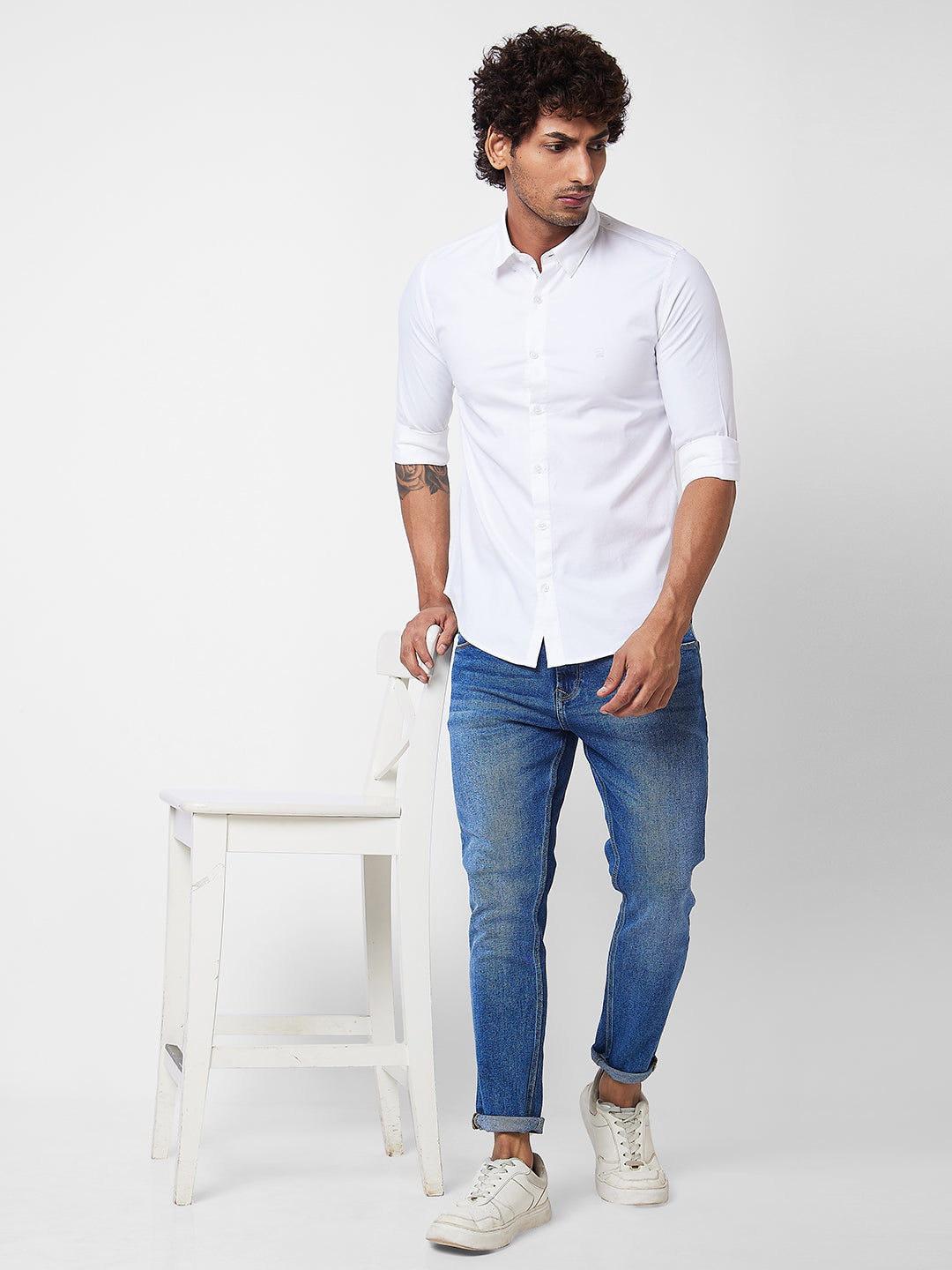 Spykar White SOLID FULL SLEEVE Shirt For Men