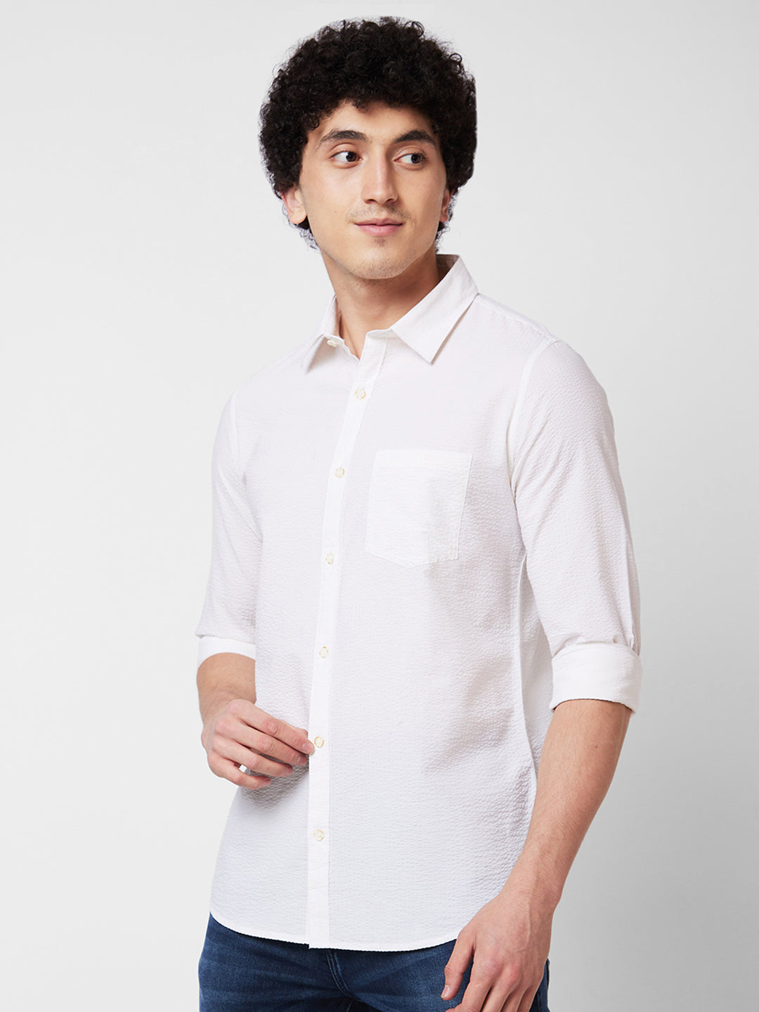 Spykar White SOLID FULL SLEEVE Shirt For Men