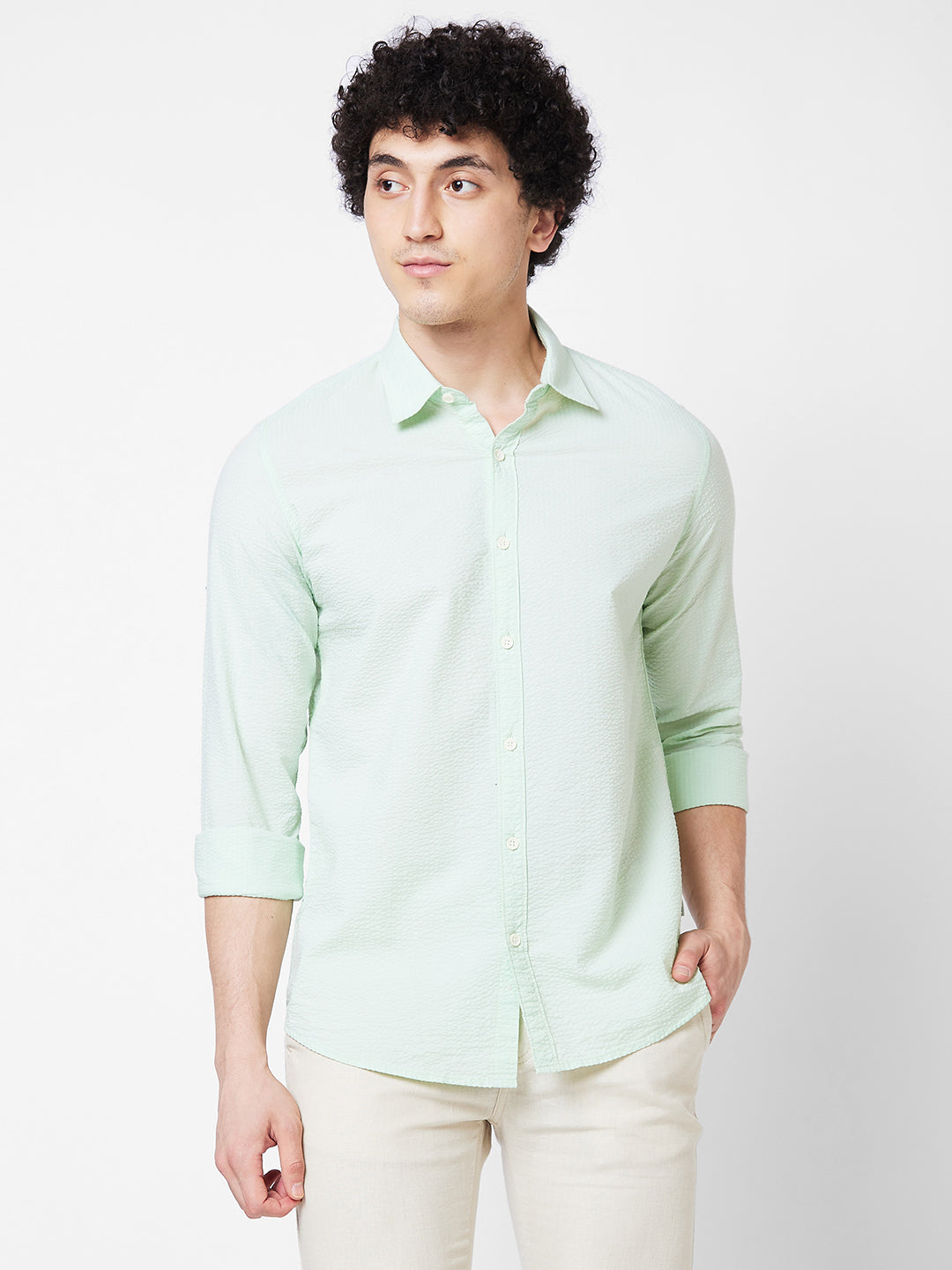 Spykar Green SOLID FULL SLEEVE Shirt For Men