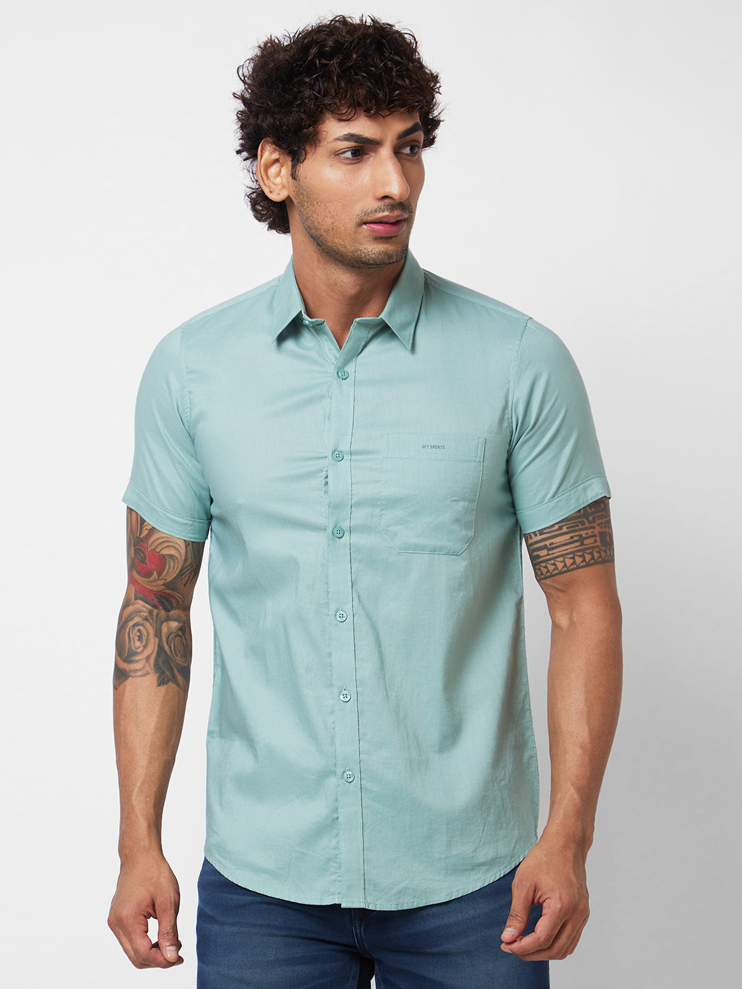 Spykar Green SOLID HALF SLEEVE Shirt For Men