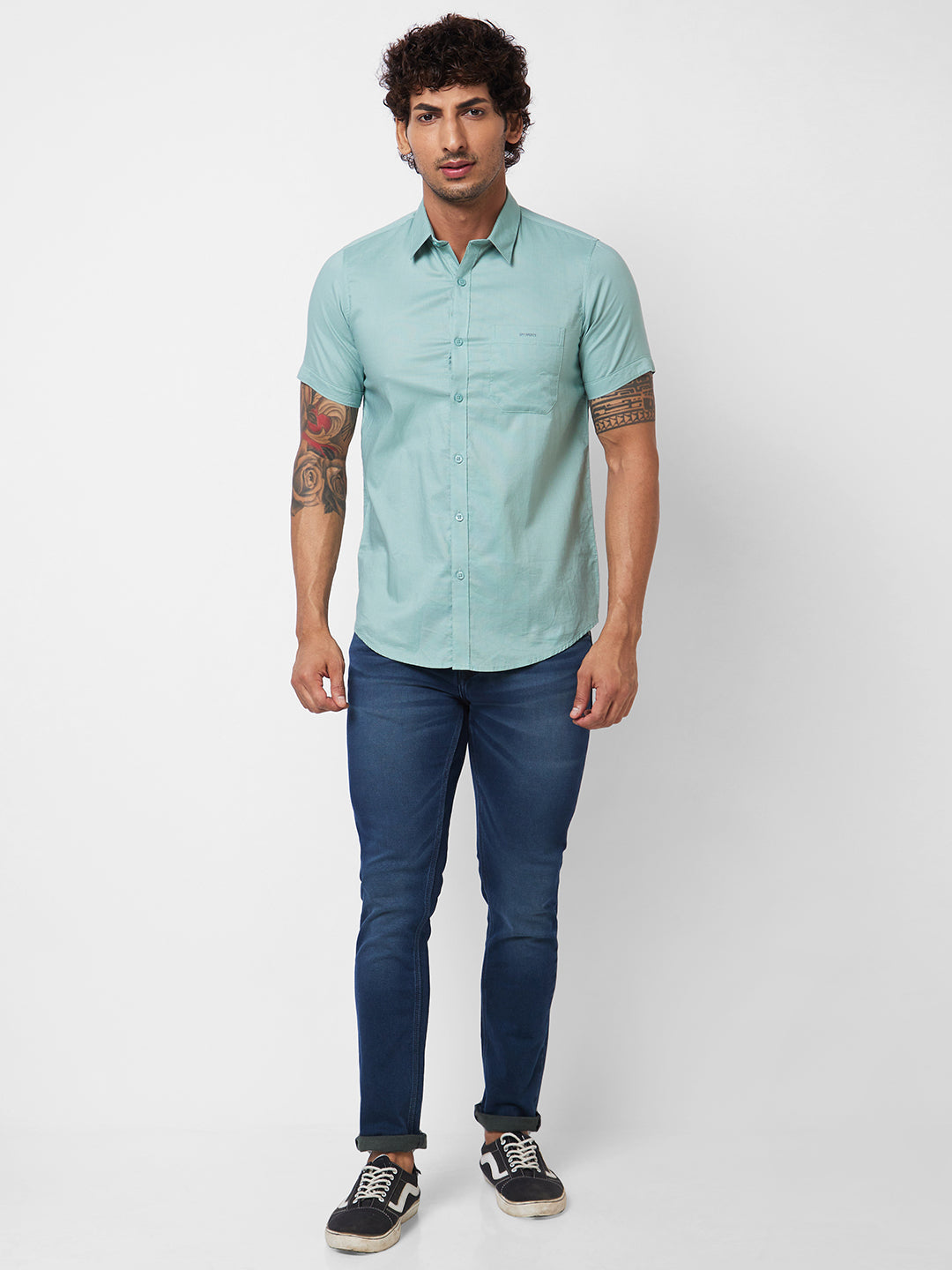 Spykar Green SOLID HALF SLEEVE Shirt For Men