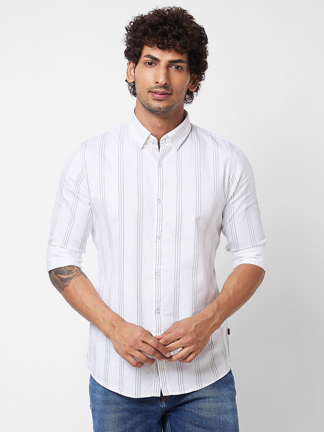 Spykar White STRIPED FULL SLEEVE Shirt For Men