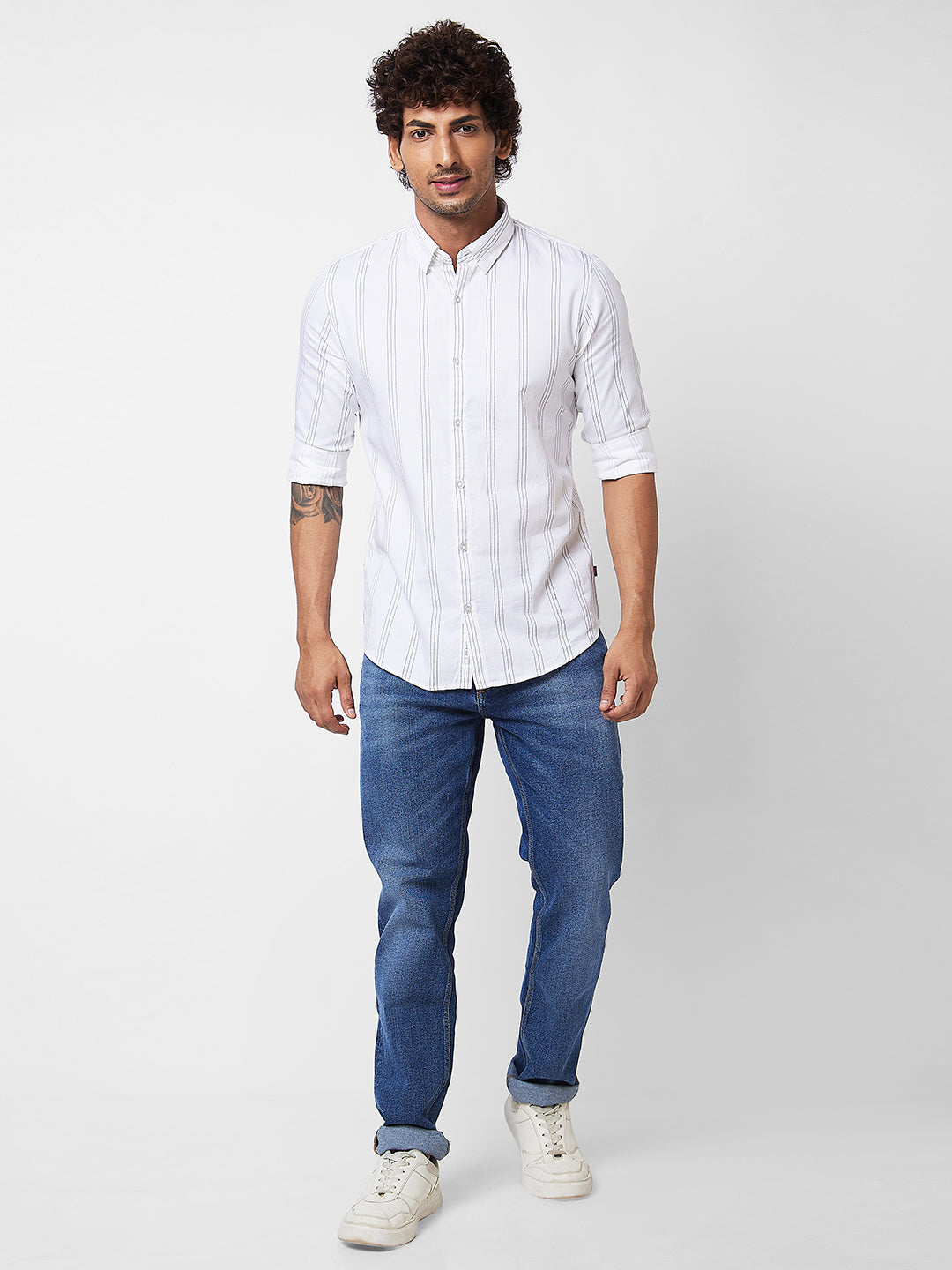 Spykar White STRIPED FULL SLEEVE Shirt For Men