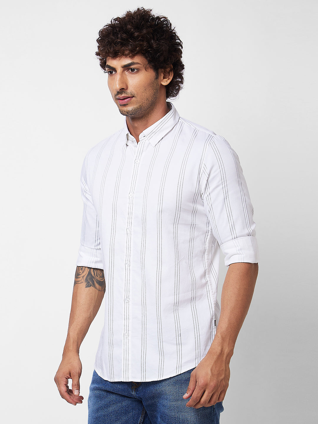 Spykar White STRIPED FULL SLEEVE Shirt For Men