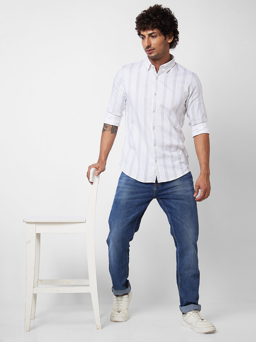 Spykar White STRIPED FULL SLEEVE Shirt For Men