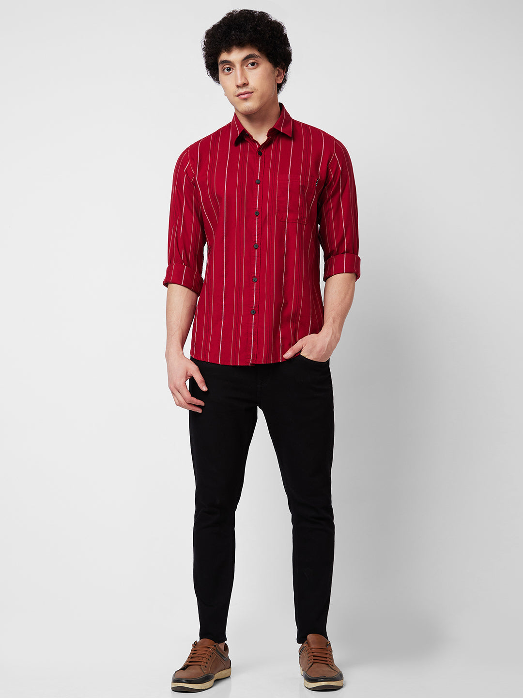 Spykar Red STRIPED FULL SLEEVE Shirt For Men