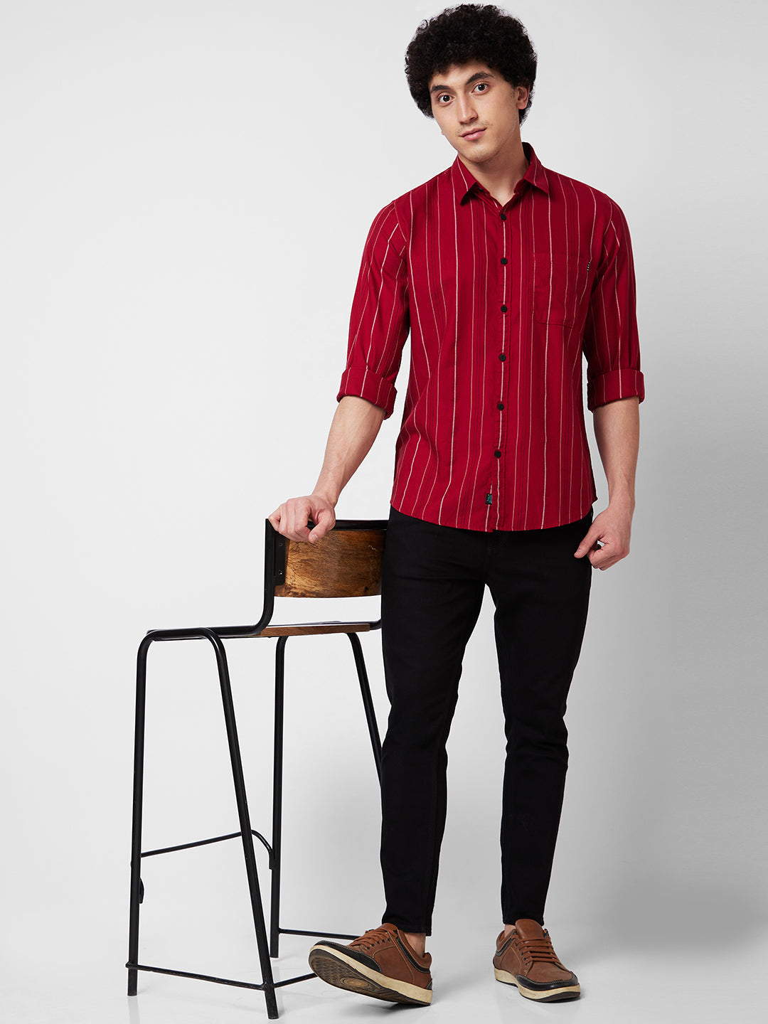 Spykar Red STRIPED FULL SLEEVE Shirt For Men