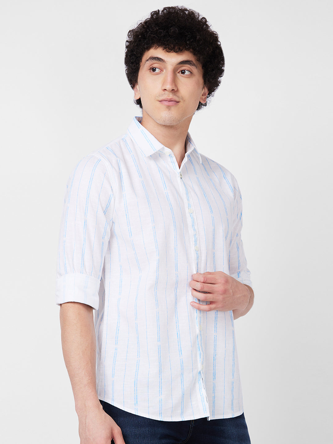 Spykar Blue STRIPED FULL SLEEVE Shirt For Men