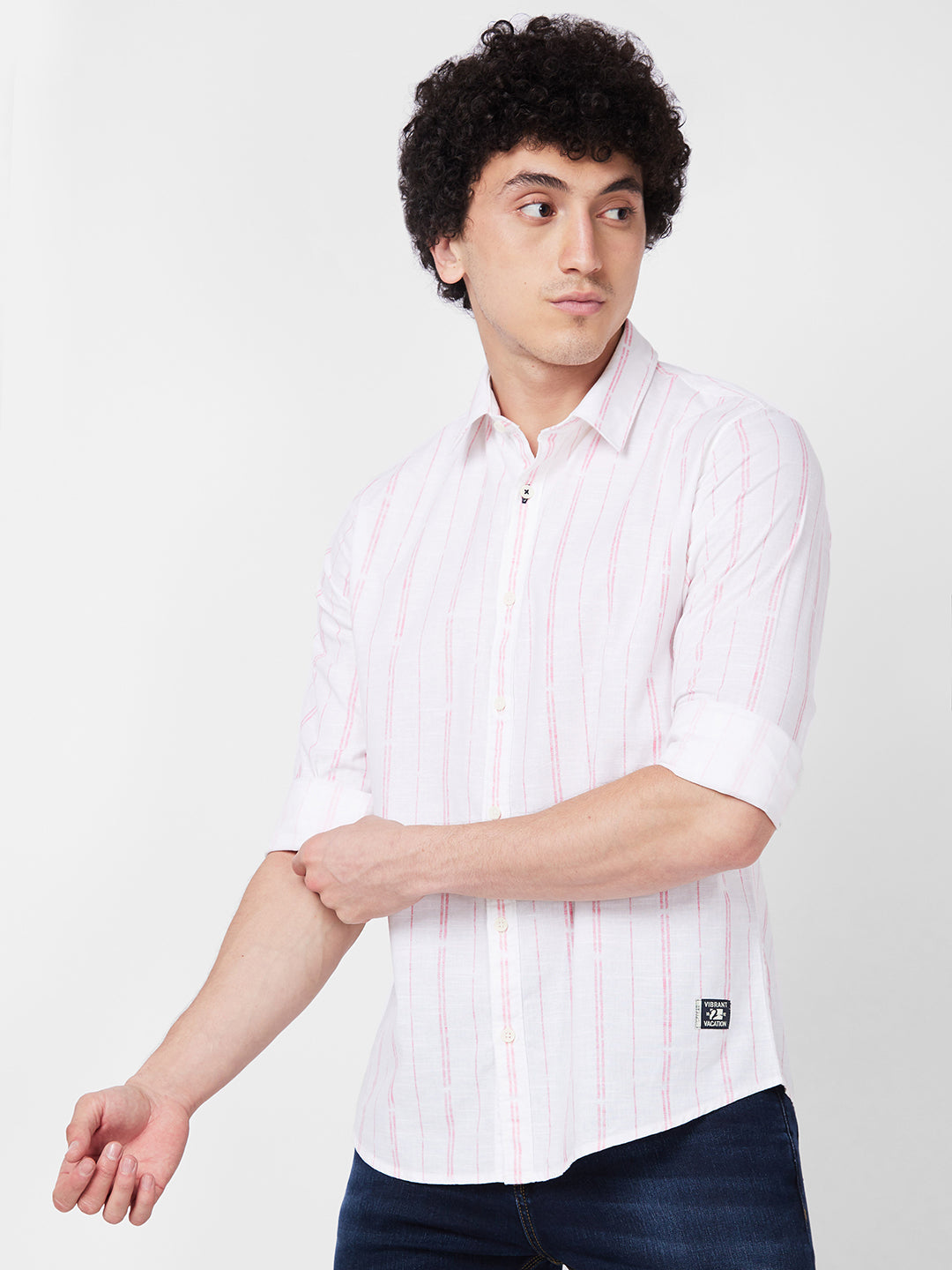 Spykar Peach STRIPED FULL SLEEVE Shirt For Men