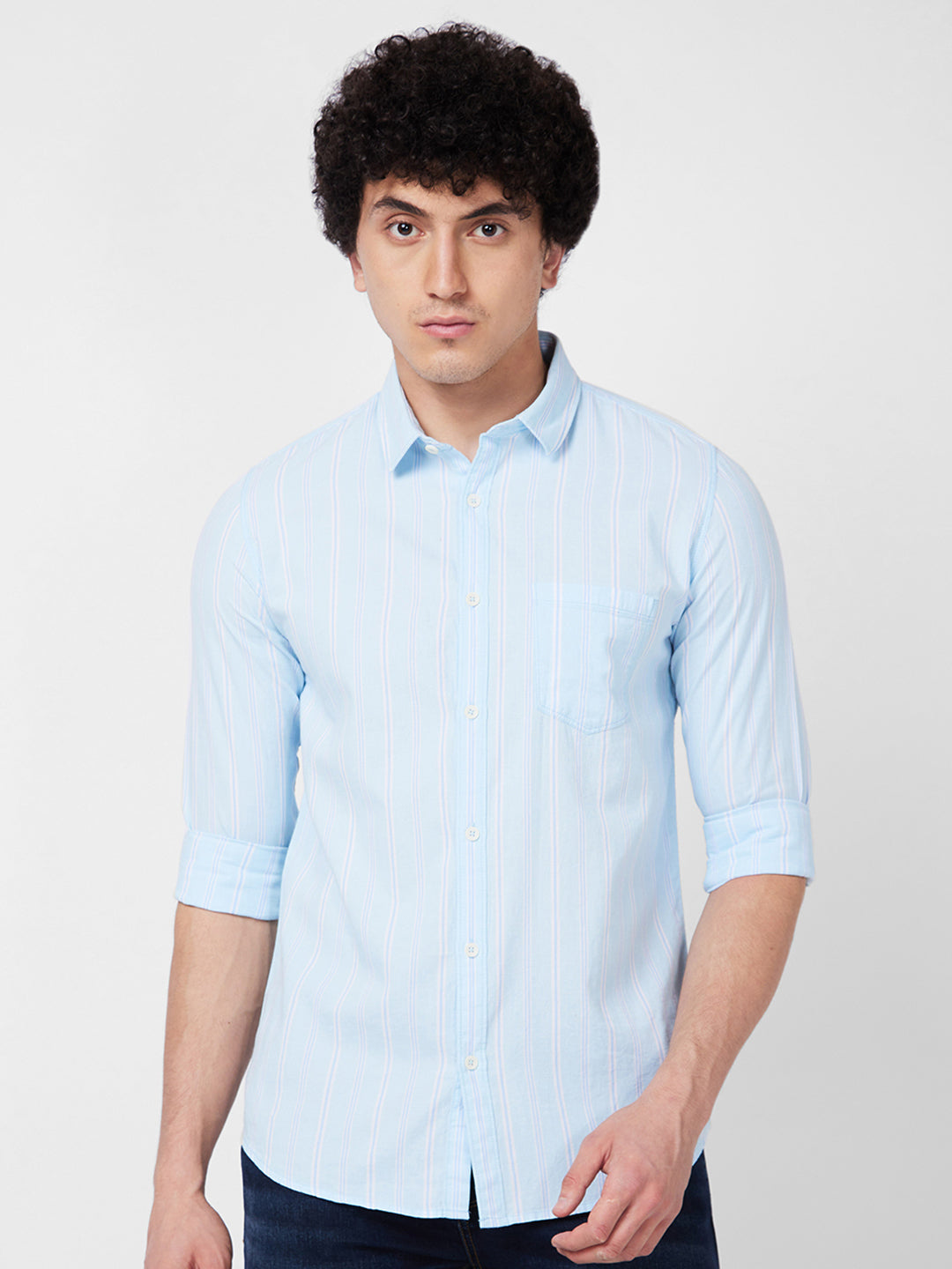 Spykar Blue STRIPED FULL SLEEVE Shirt For Men