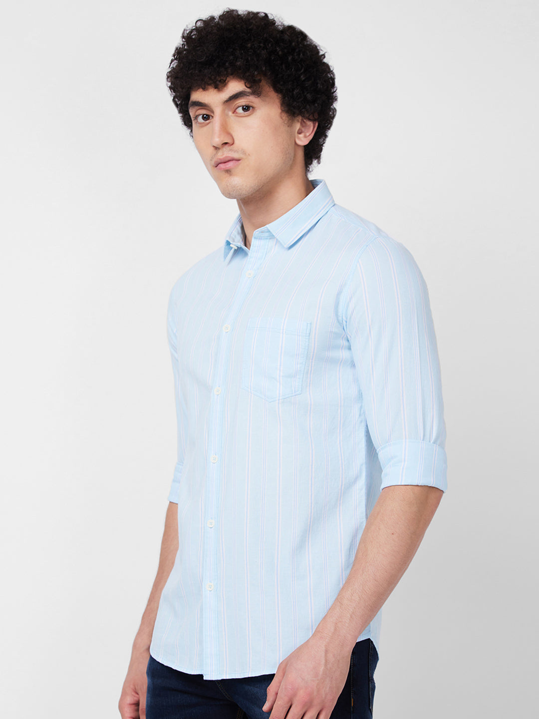 Spykar Blue STRIPED FULL SLEEVE Shirt For Men