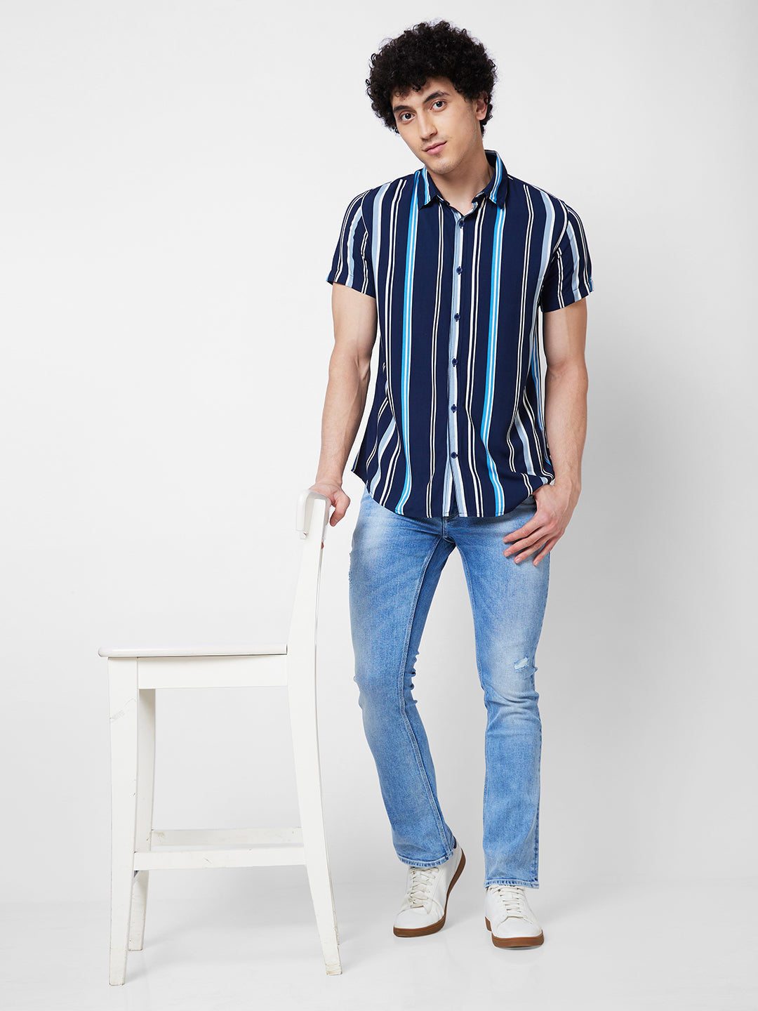 Spykar Blue STRIPED HALF SLEEVE Shirt For Men