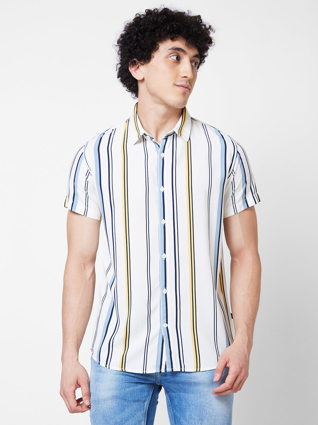 Spykar White STRIPED HALF SLEEVE Shirt For Men