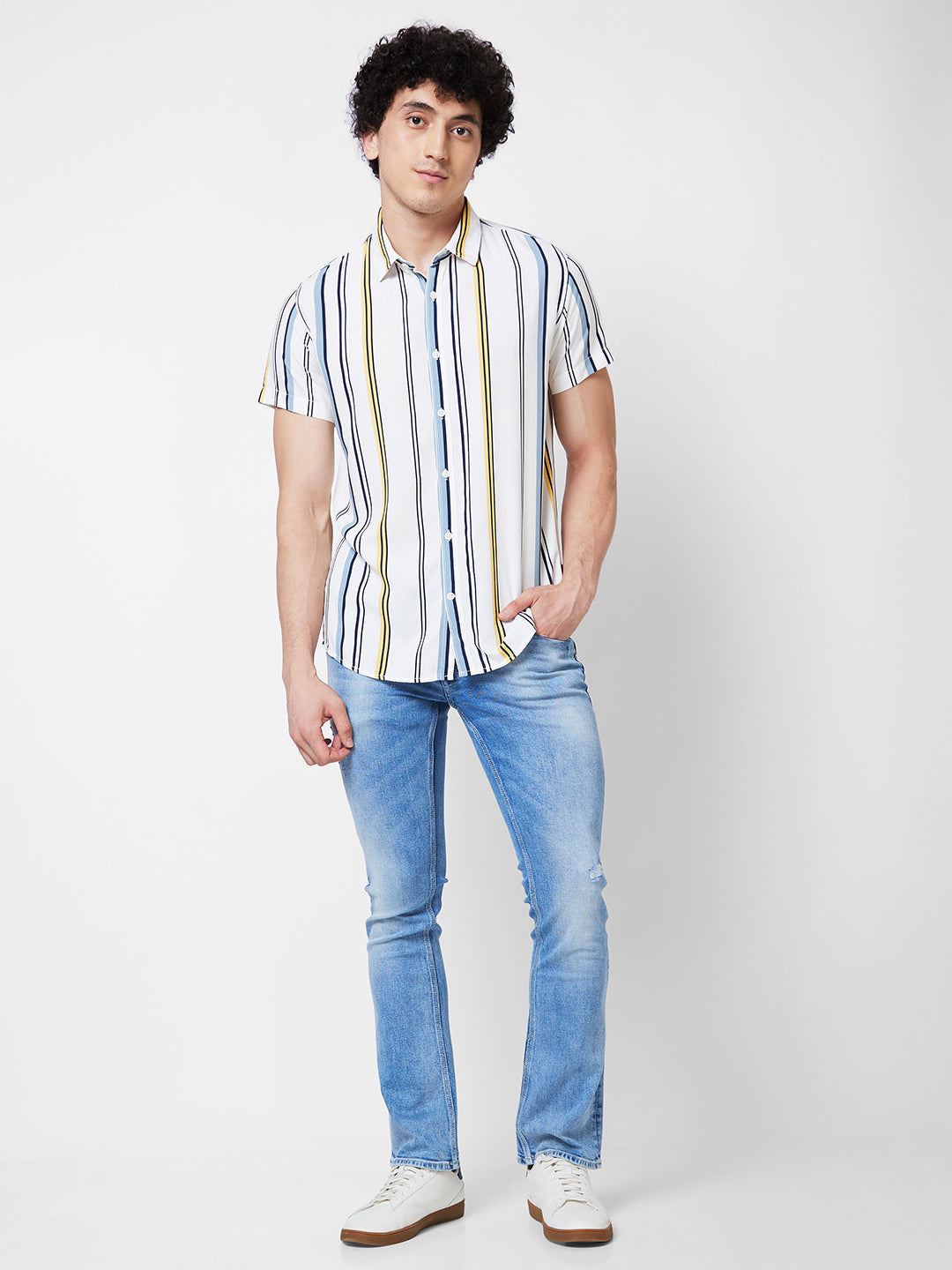 Spykar White STRIPED HALF SLEEVE Shirt For Men