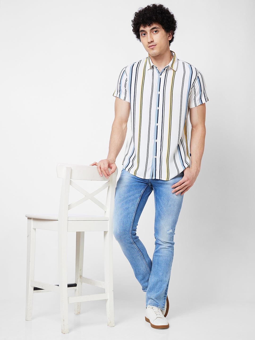 Spykar White STRIPED HALF SLEEVE Shirt For Men