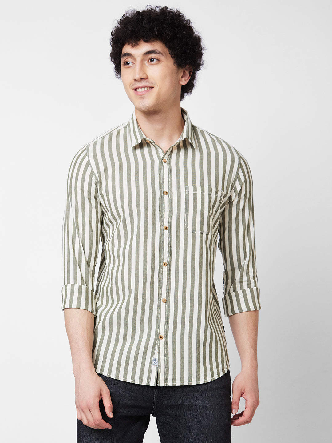 Spykar Green STRIPED FULL SLEEVE Shirt For Men