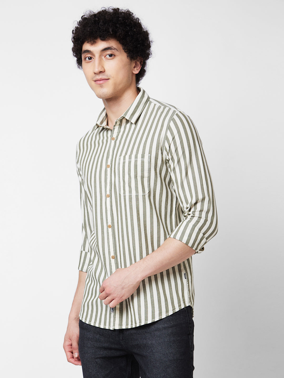 Spykar Green STRIPED FULL SLEEVE Shirt For Men