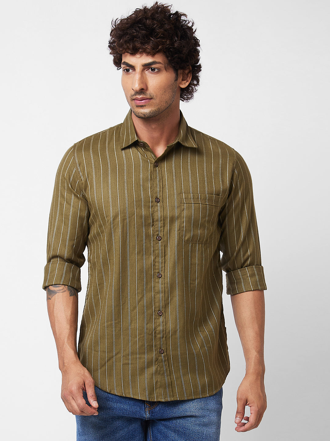 Spykar Green STRIPED FULL SLEEVE Shirt For Men