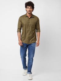 Spykar Green STRIPED FULL SLEEVE Shirt For Men