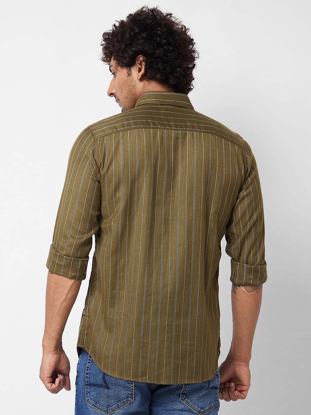 Spykar Green STRIPED FULL SLEEVE Shirt For Men