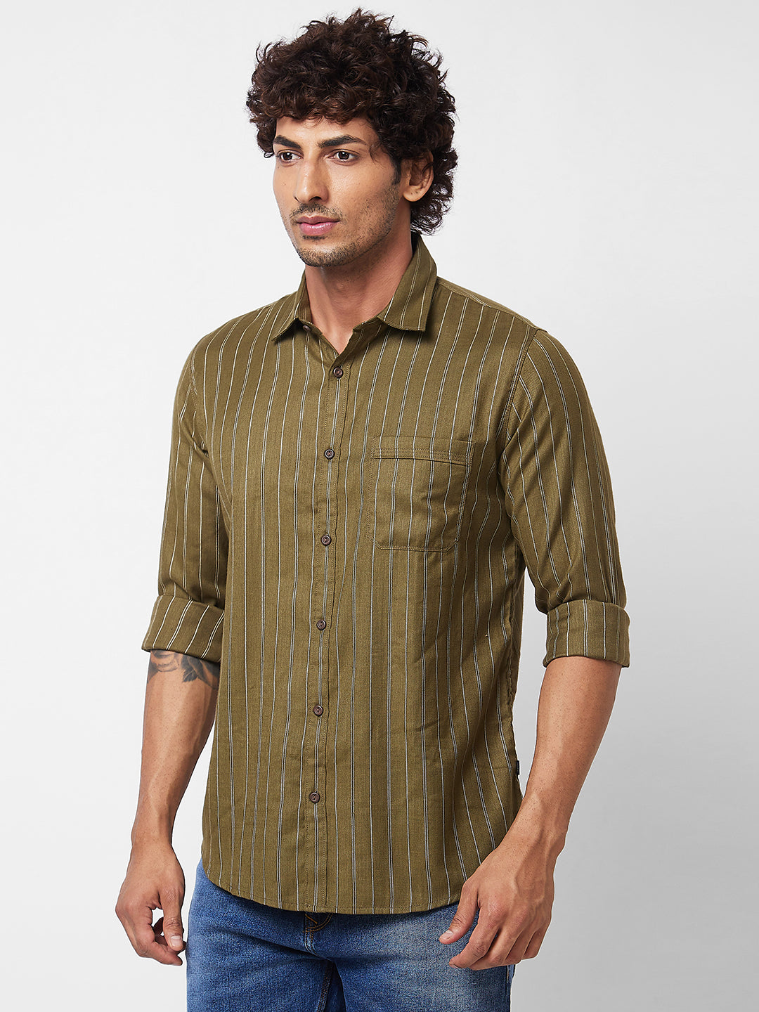 Spykar Green STRIPED FULL SLEEVE Shirt For Men