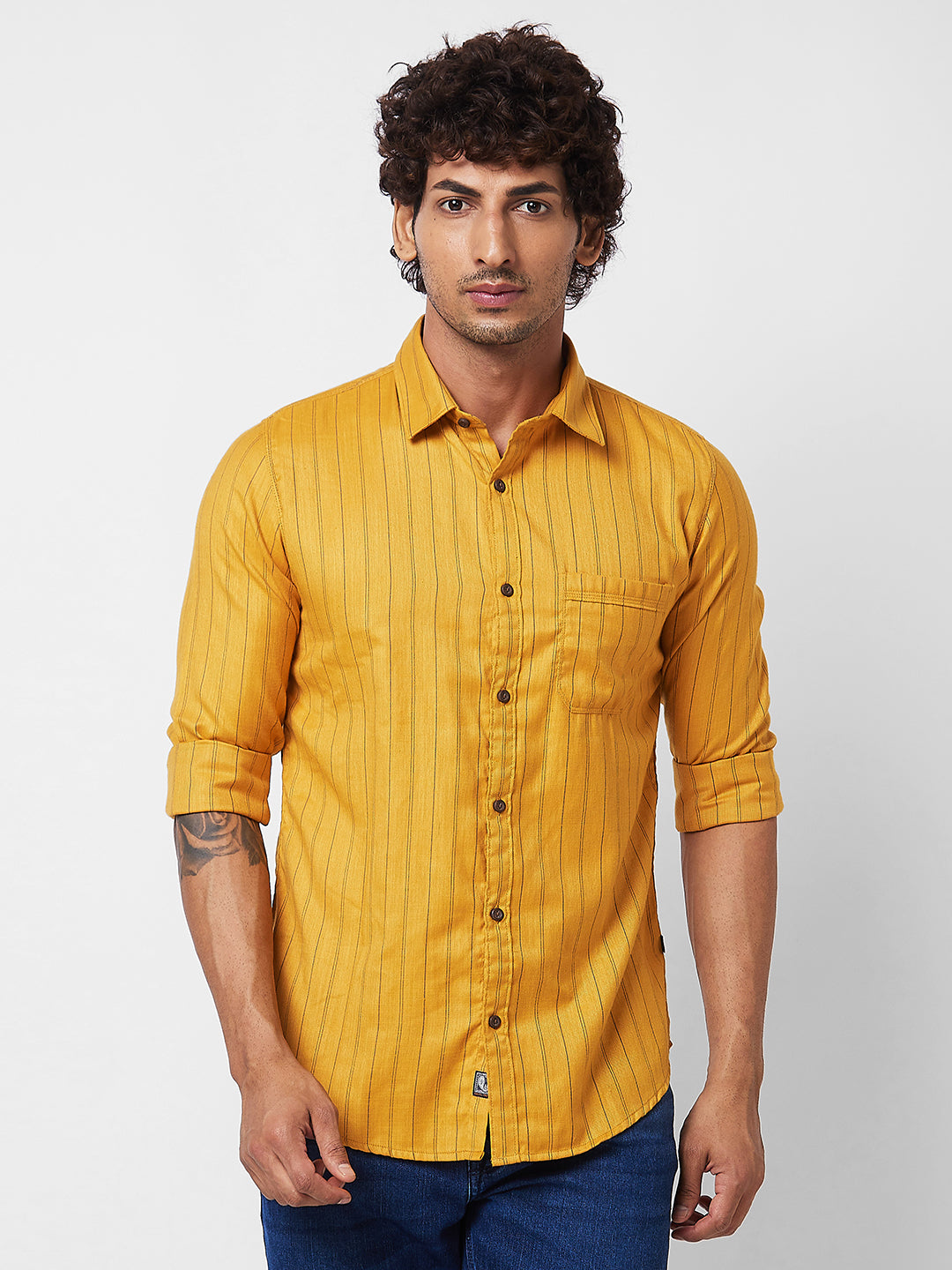 Spykar Yellow STRIPED FULL SLEEVE Shirt For Men