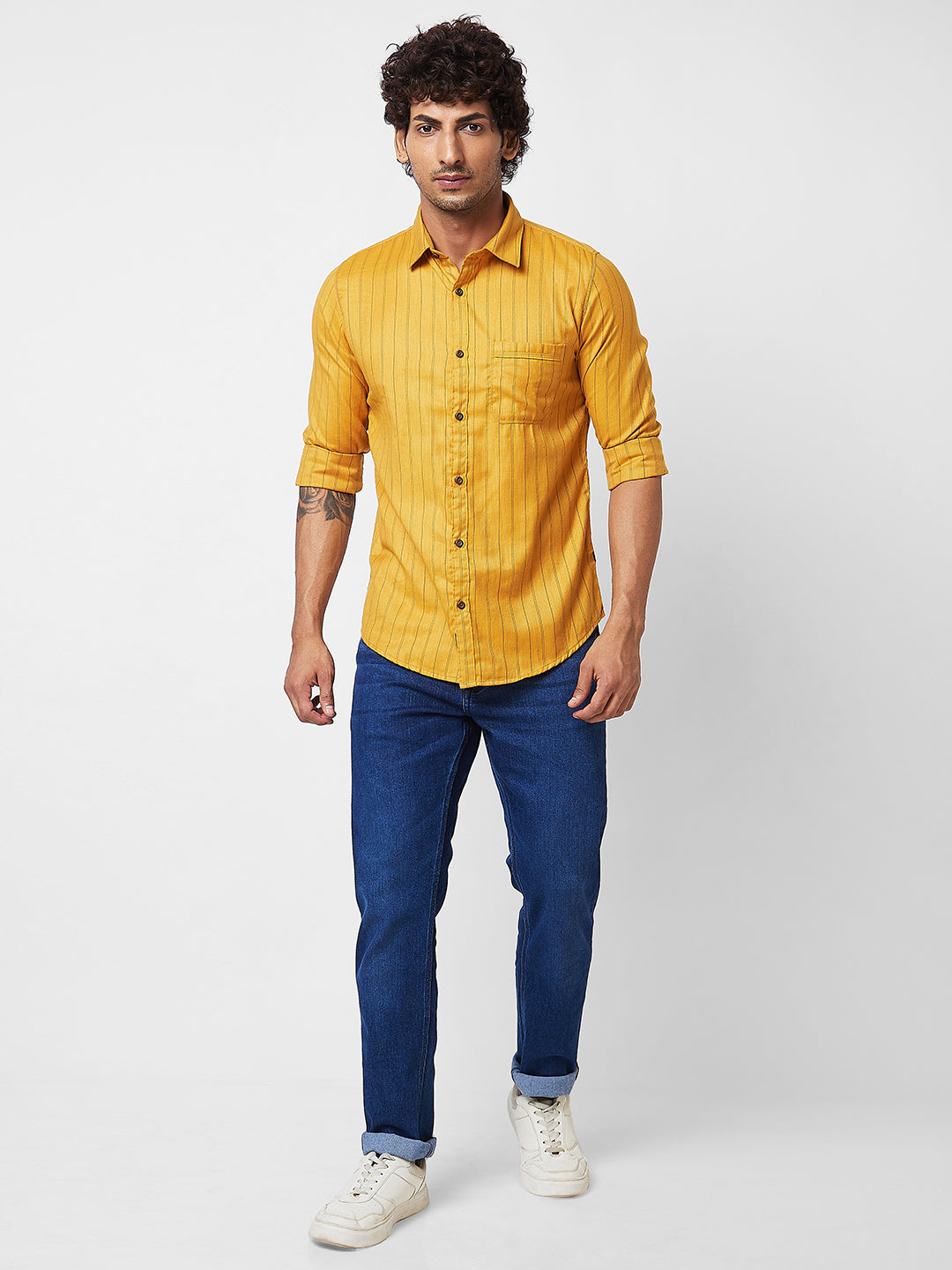 Spykar Yellow STRIPED FULL SLEEVE Shirt For Men