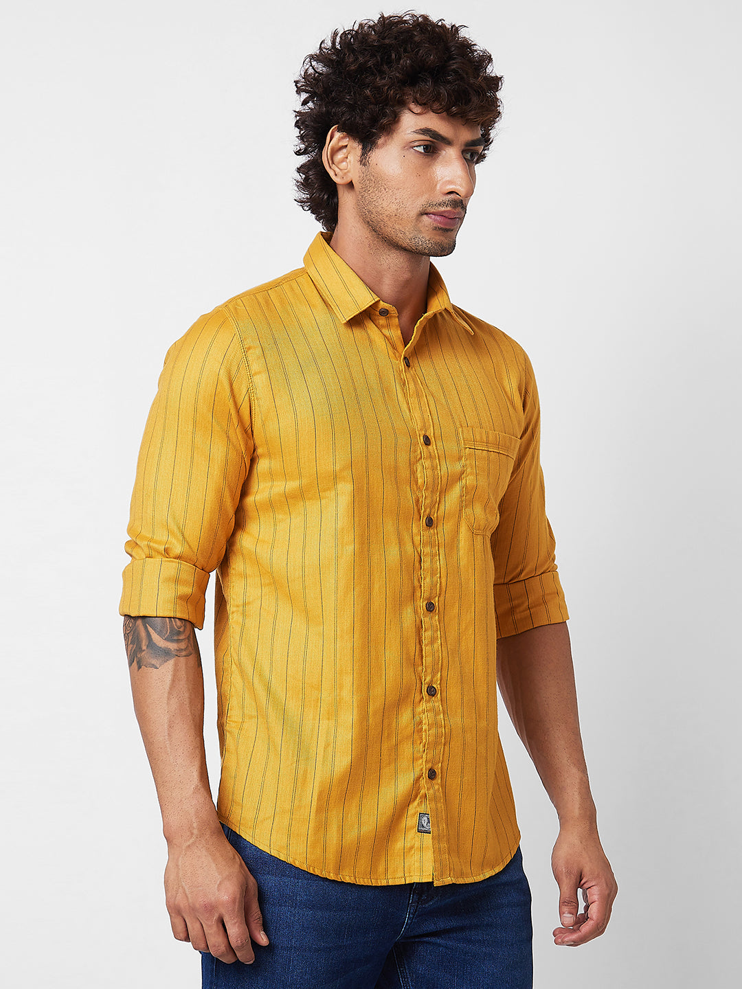 Spykar Yellow STRIPED FULL SLEEVE Shirt For Men