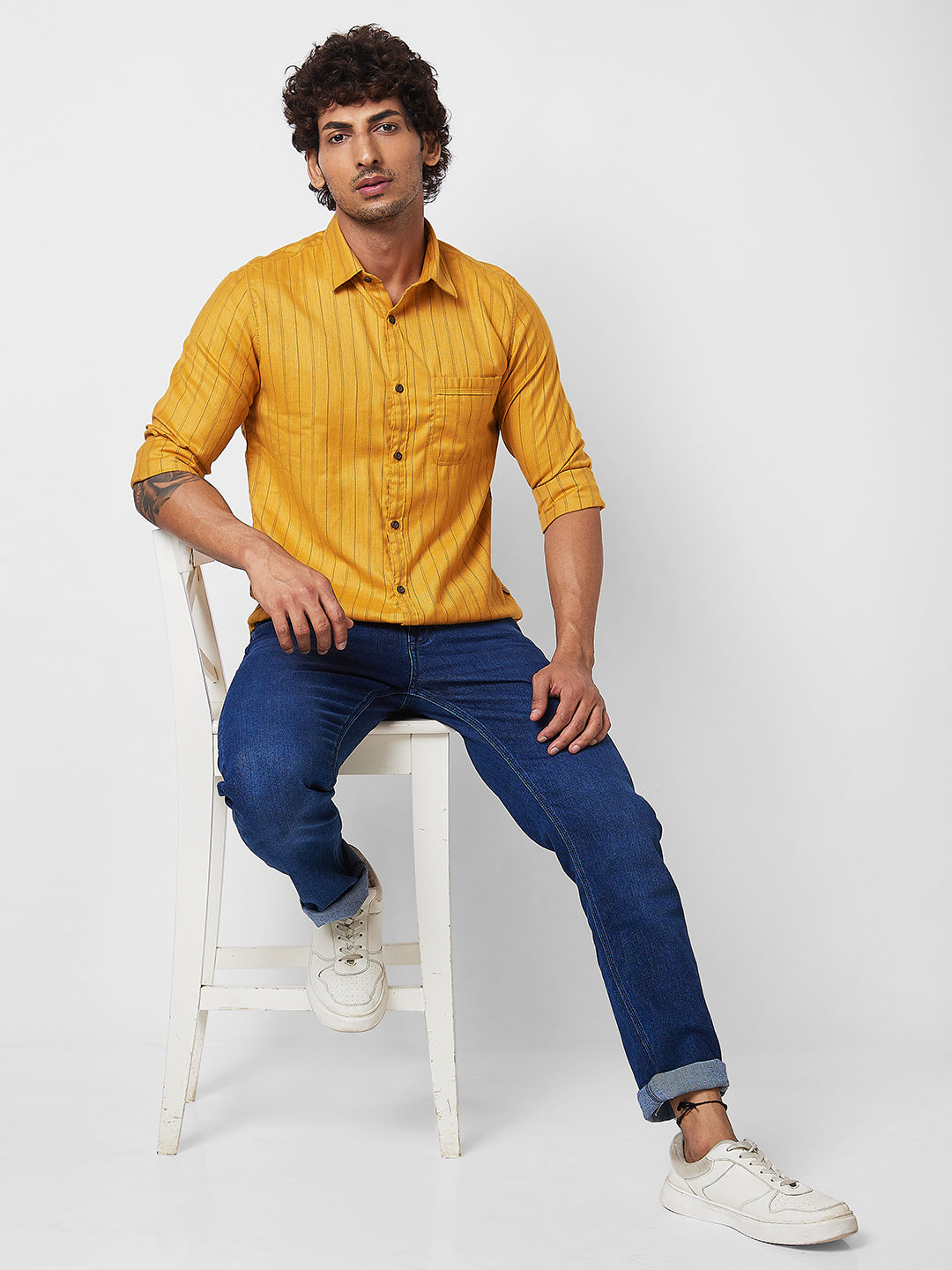 Spykar Yellow STRIPED FULL SLEEVE Shirt For Men