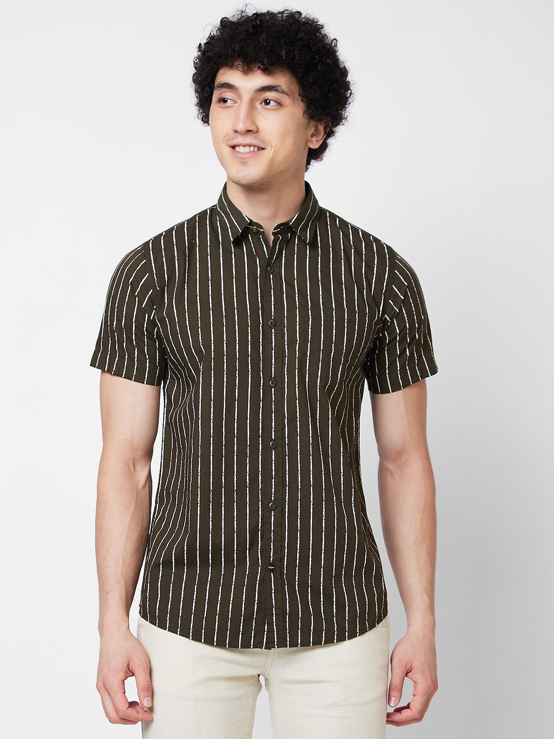 Spykar Green STRIPED HALF SLEEVE Shirt For Men