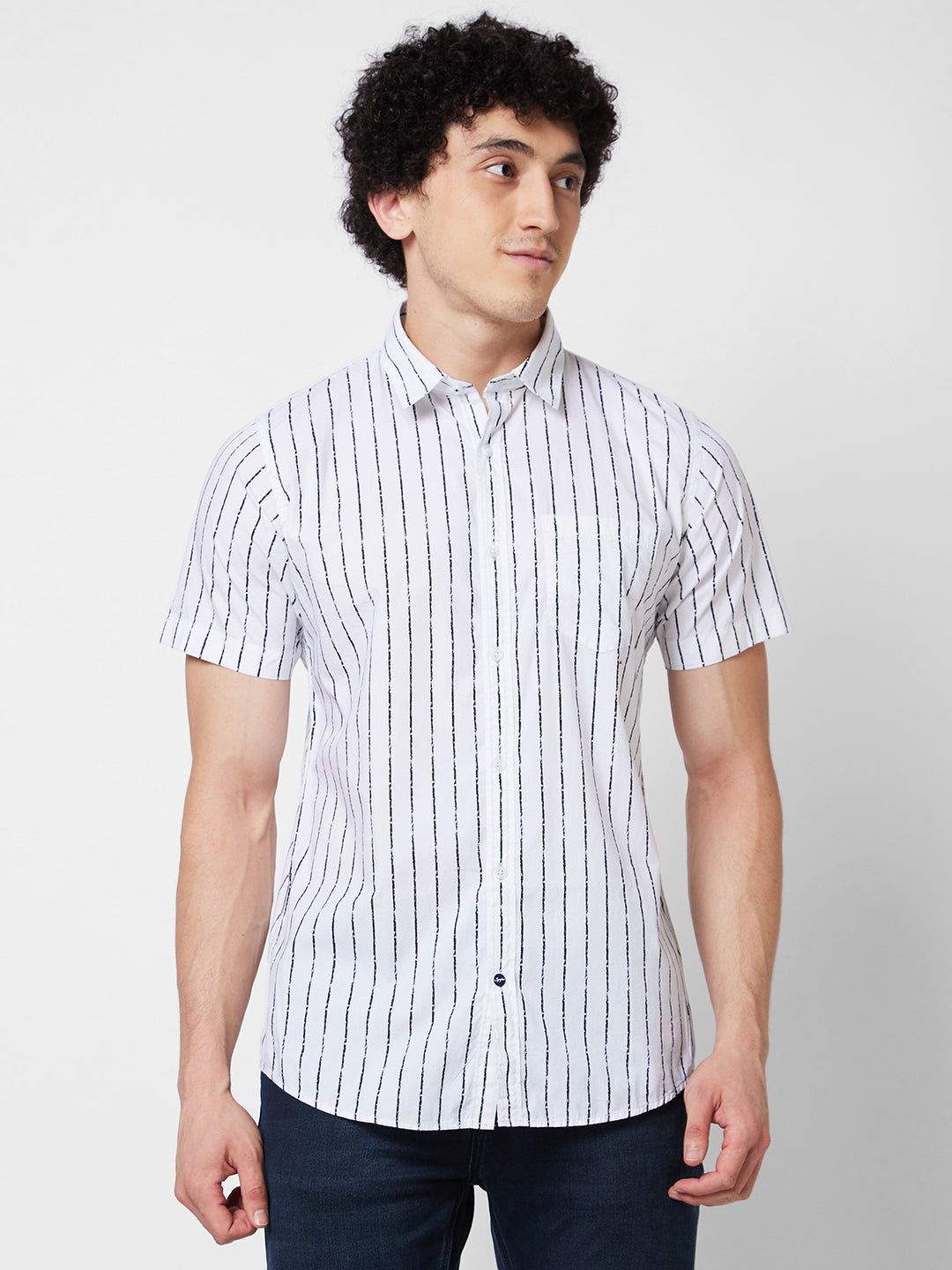 Spykar White STRIPED HALF SLEEVE Shirt For Men