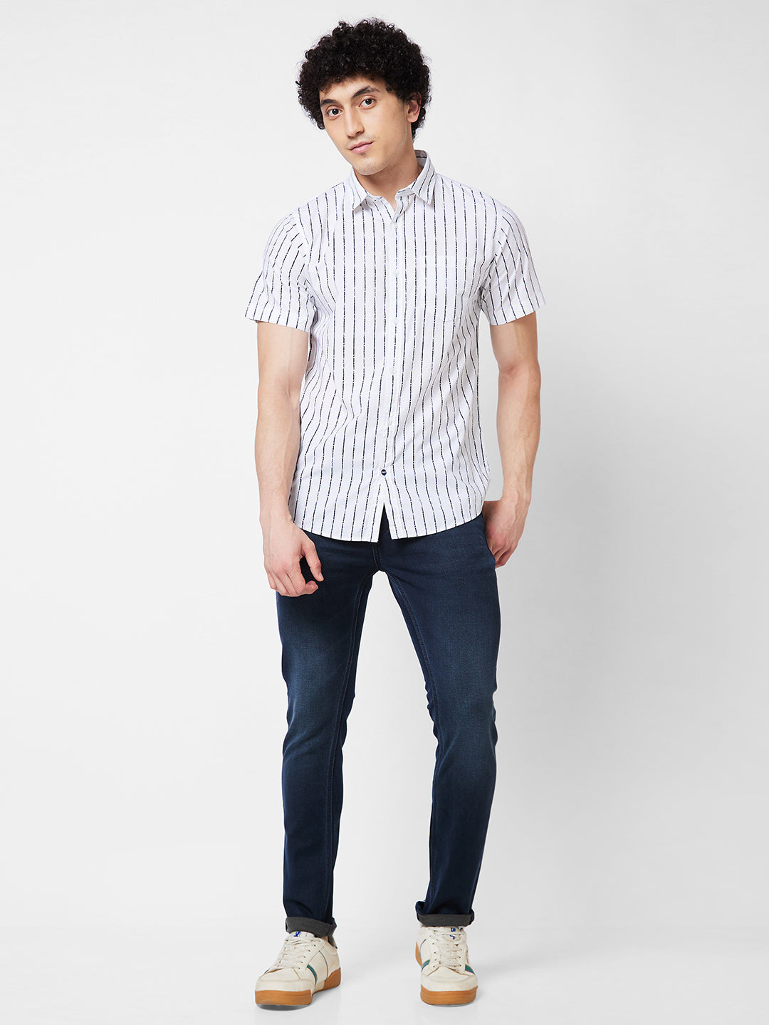 Spykar White STRIPED HALF SLEEVE Shirt For Men