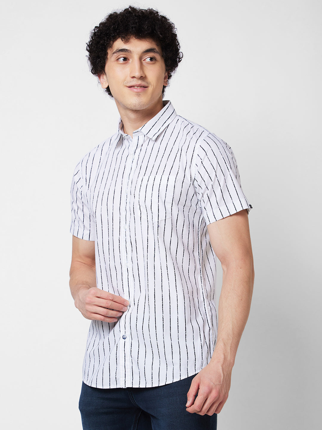 Spykar White STRIPED HALF SLEEVE Shirt For Men