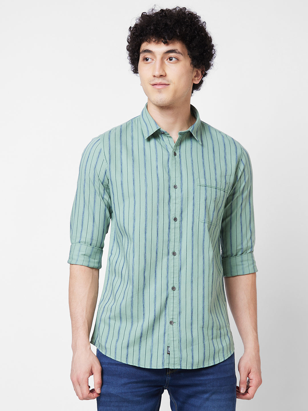 Spykar Green STRIPED FULL SLEEVE Shirt For Men